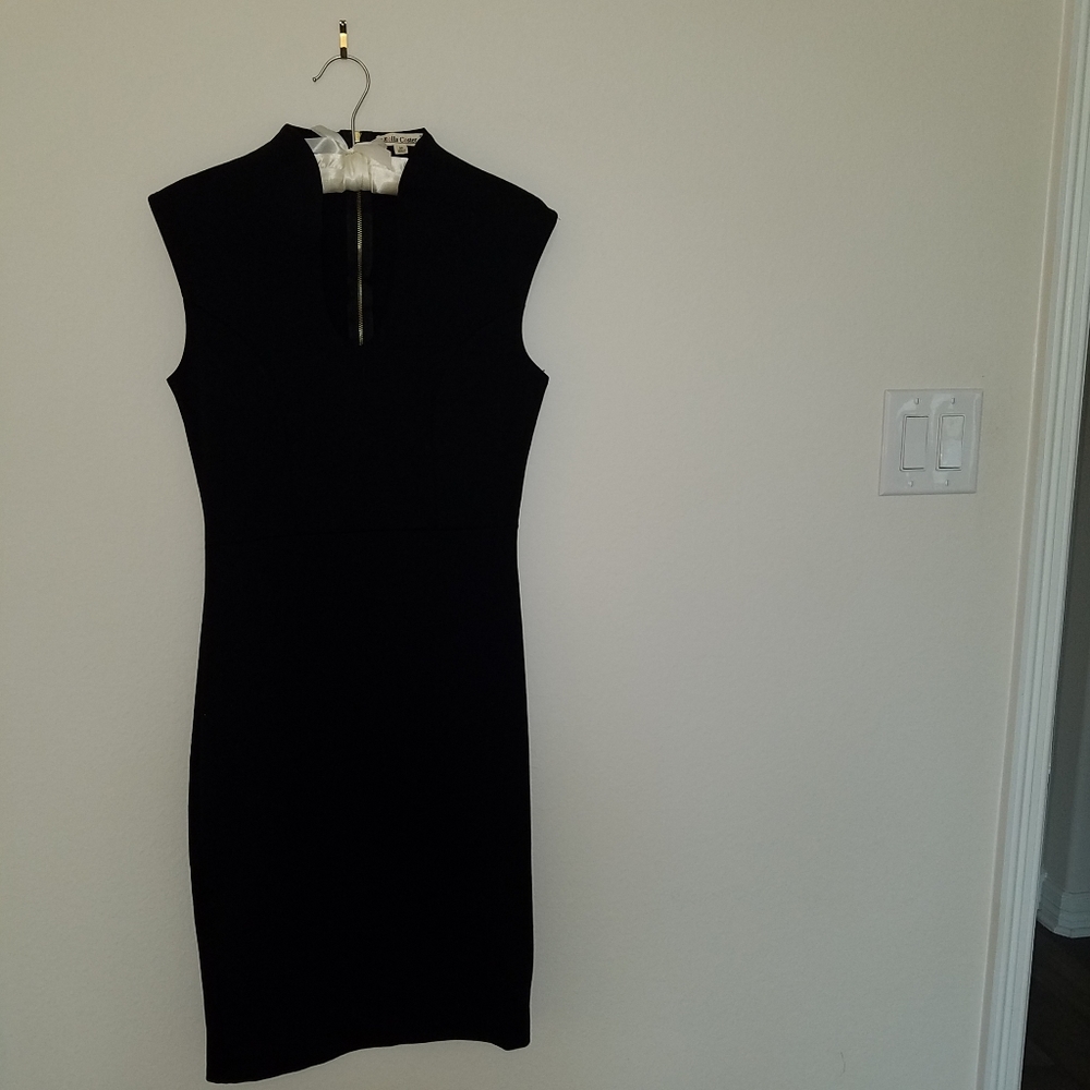 Black sleeveless, low V neck, gold back zip knit sheath.